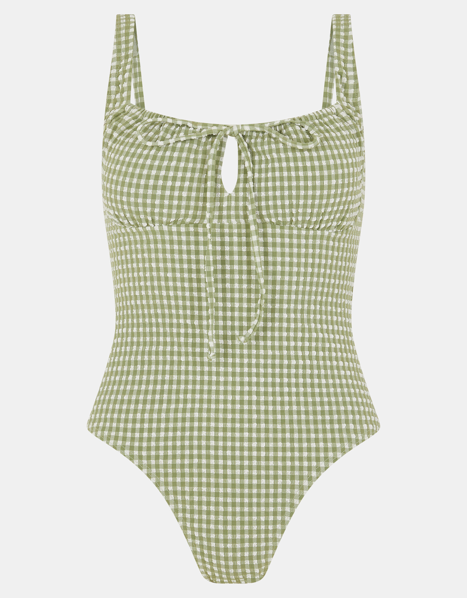 Gingham Seersucker Swimsuit, Green (KHAKI), large