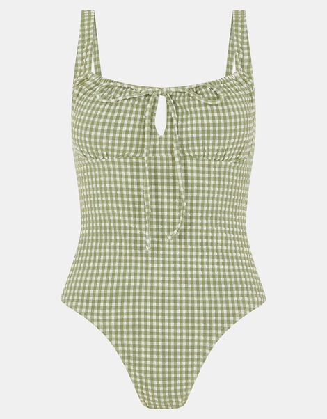 Gingham Seersucker Swimsuit, Green (KHAKI), large
