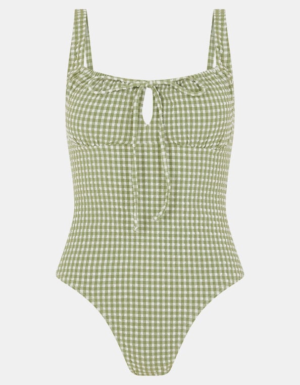 Gingham Seersucker Swimsuit, Green (KHAKI), large
