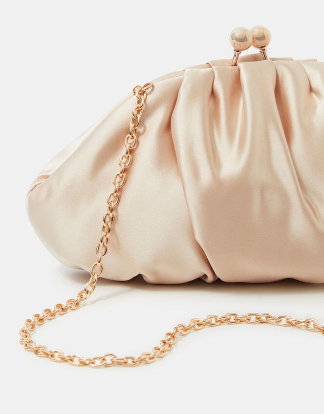 Ruched Satin Clip Frame Clutch Bag, Natural (CHAMPAGNE), large