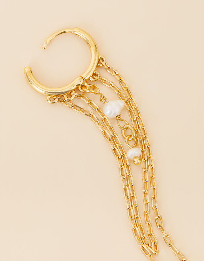 14ct Gold-Plated Single Pearl Chain Hoop Earring, , large