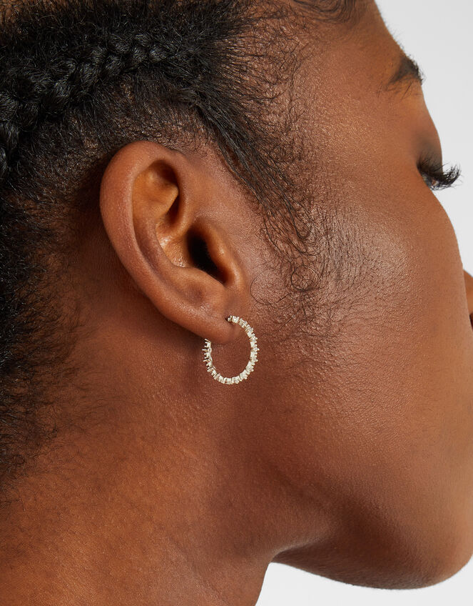 Sterling Silver-Plated Fine Diamant&eacute; Hoop Earrings, , large