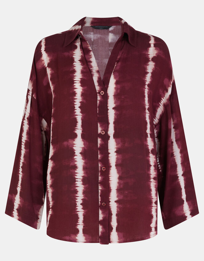 Tie Dye Long Sleeve Beach Cover Up Shirt, Red (BURGUNDY), large