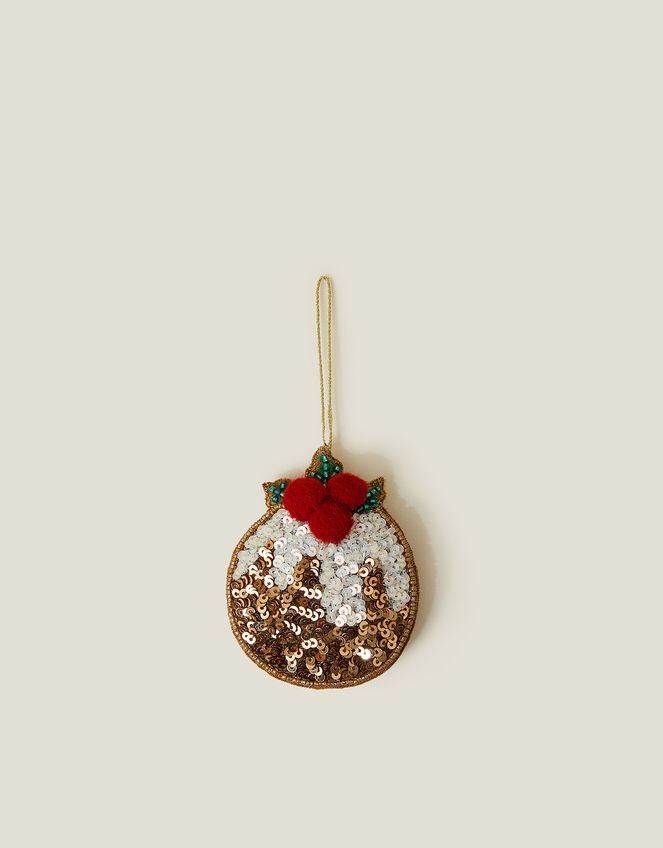 Embroidered Christmas Pudding Tree Decoration, , large