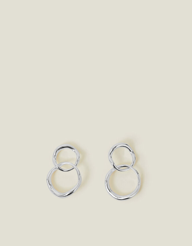 Sterling Silver Double Hoop Drop Earrings, , large