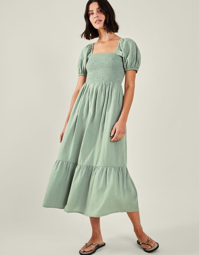 Puff Sleeve Smocked Midi Dress, Green (KHAKI), large
