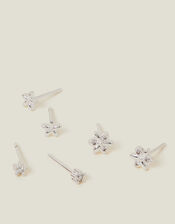 3-Pack Sterling Silver-Plated Flower Stud Earrings, , large