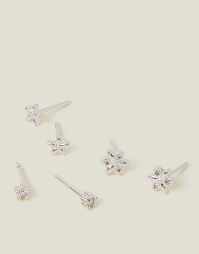 3-Pack Sterling Silver-Plated Flower Stud Earrings, , large