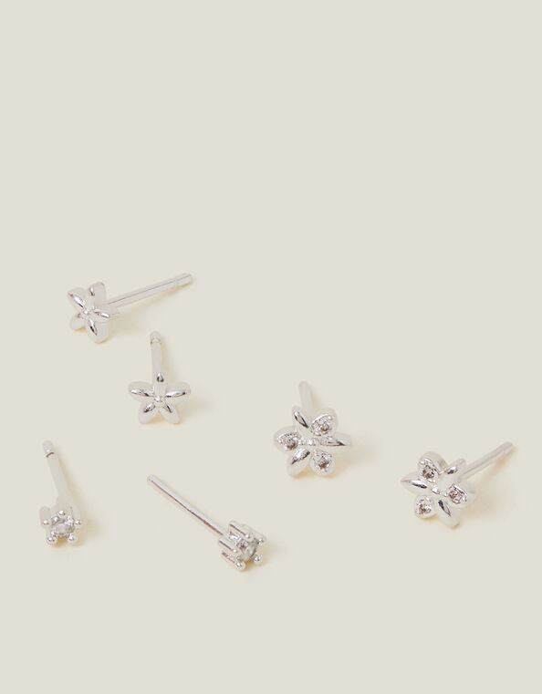 3-Pack Sterling Silver-Plated Flower Stud Earrings, , large
