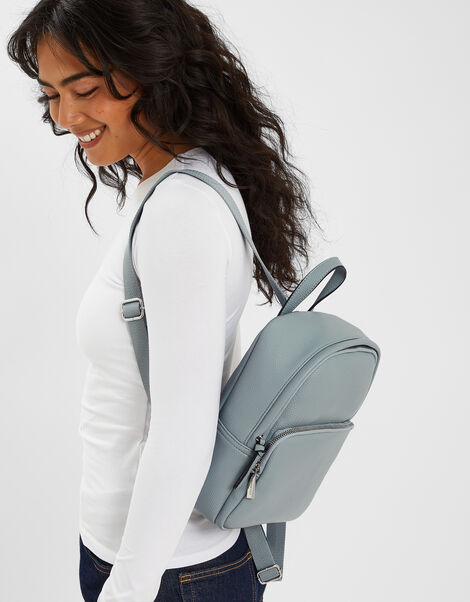 Small Plain Faux Leather Backpack, Blue (BLUE), large