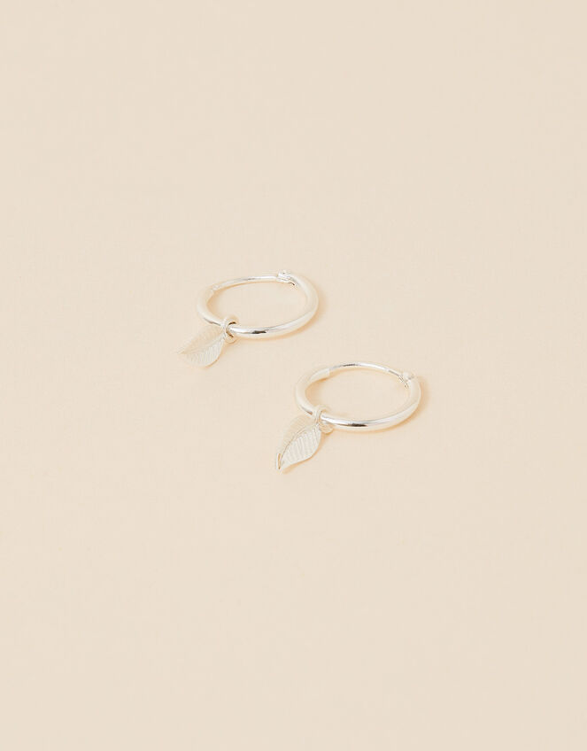 Sterling Silver Leaf Charm Hoop Earrings, , large