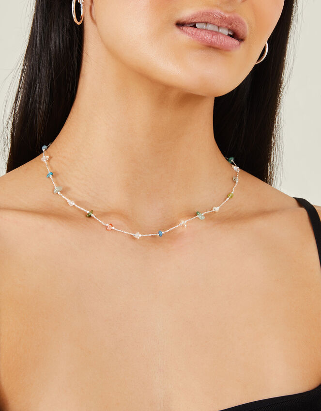 Sterling Silver Stone Station Necklace, , large
