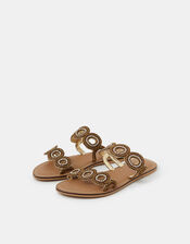 Beaded Circle Strap Sandals, Brown (BROWN), large