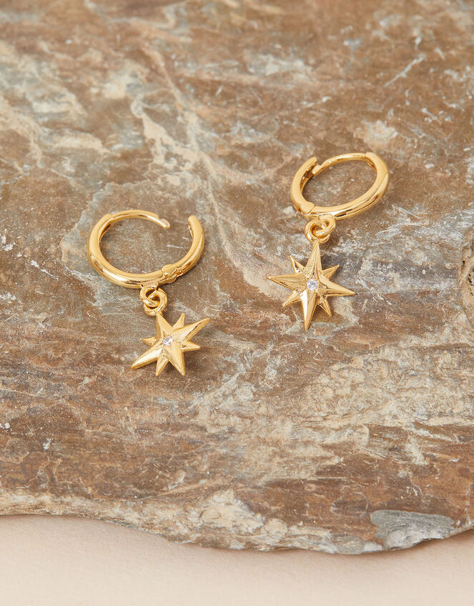 14ct Gold-Plated Star Charm Huggie Hoops, , large