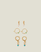 3-Pack 14ct Gold-Plated Sparkle Stud Hoop Earrings, , large
