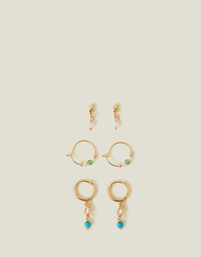 3-Pack 14ct Gold-Plated Sparkle Stud Hoop Earrings, , large