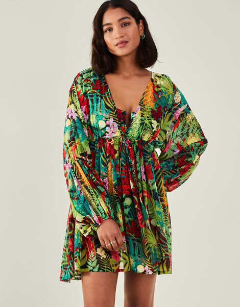 Jungle Print Long Sleeve Mini Beach Dress, Green (GREEN), large