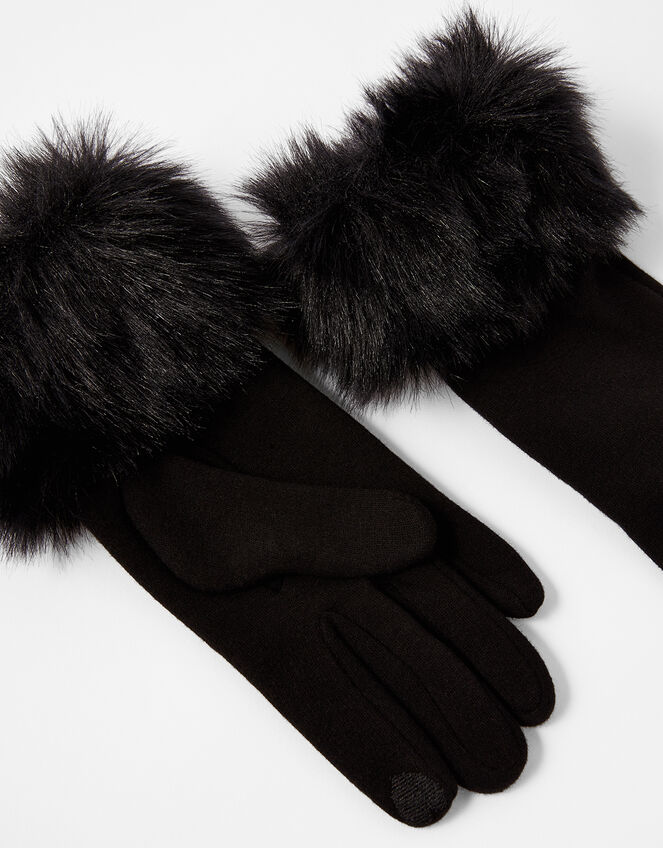 Faux Fur Cuff Touchscreen Gloves, Black (BLACK), large