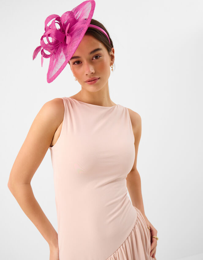 Bow Feather Disc Fascinator, Pink (FUCHSIA), large