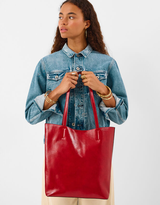 Faux Leather Tote Bag, Red (RED), large