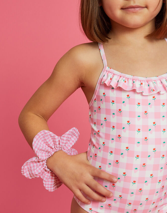 Girls Gingham Flower Hair Scrunchie, , large