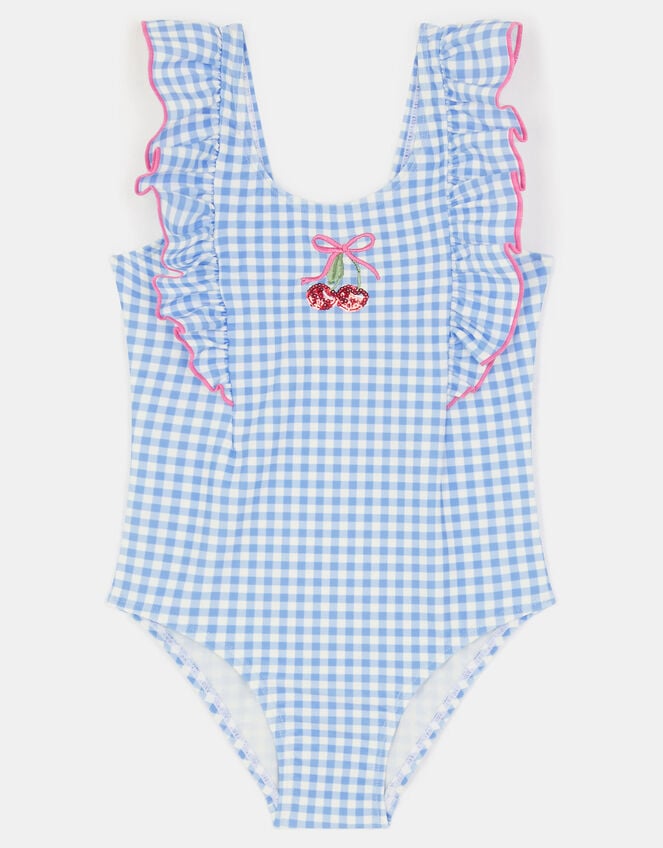 Girls Embellished Cherry Gingham Swimsuit, Blue (BLUE), large