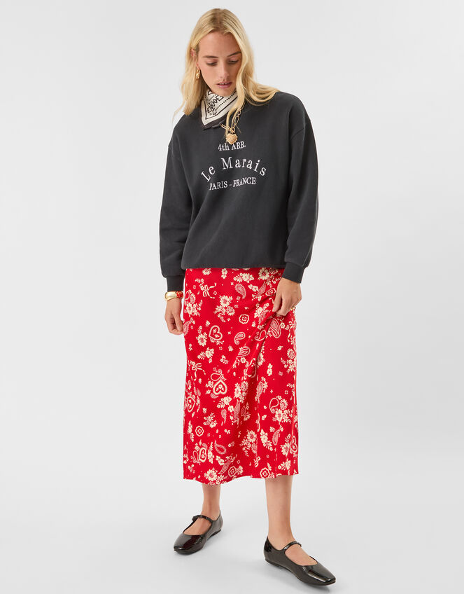 Paisley Print Satin Slip Skirt, Red (RED), large