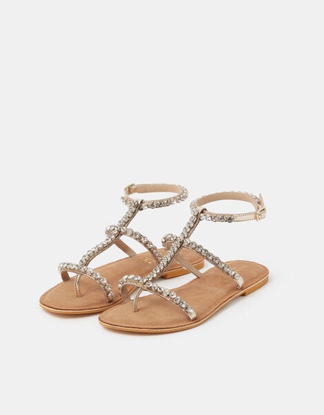 Embellished Leather Gladiator Sandals, Silver (SILVER), large