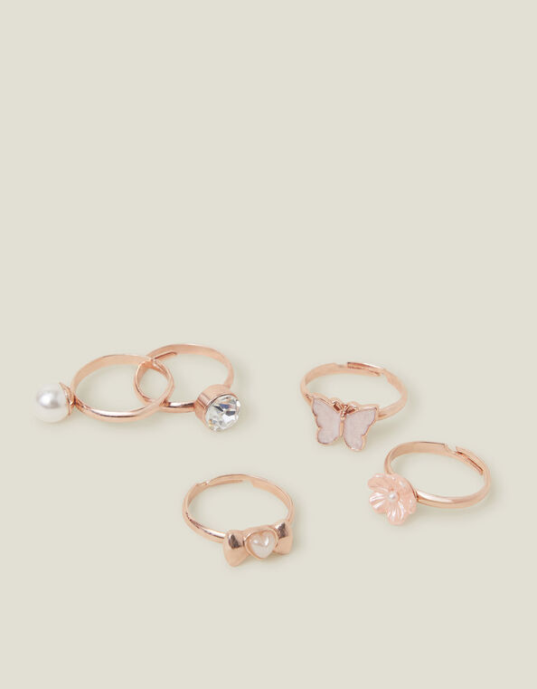 5-Pack Girls Pearly Adjustable Rings, , large