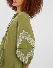 Embroidered Long Sleeve Mini Dress, Green (KHAKI), large