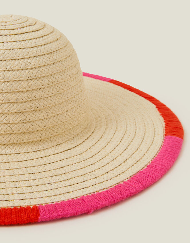 Colourful Trim Floppy Straw Hat, , large