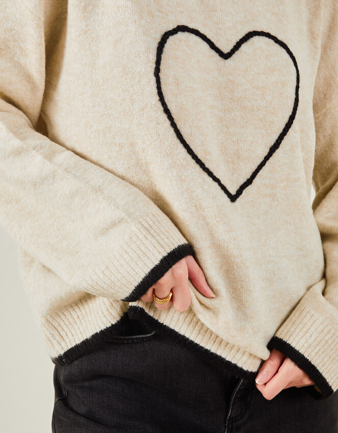 Grace & Mila Embroidered Heart Crew Neck Jumper, Camel (BEIGE), large