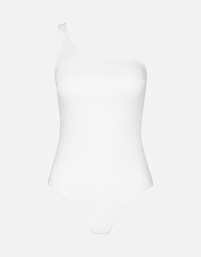 Ribbed One Shoulder Swimsuit, White (WHITE), large