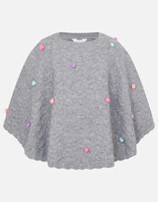 Girls Pom-Pom Poncho, Grey (GREY), large