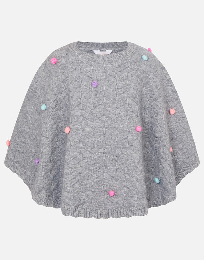 Girls Pom-Pom Poncho, Grey (GREY), large