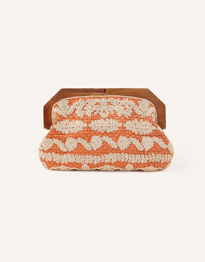 Raffia Beaded Wooden Frame Clutch Bag, Orange (ORANGE), large