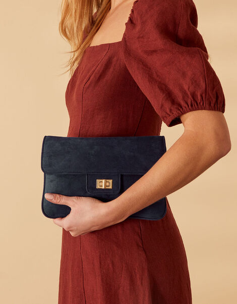 Suedette Flat Fold Clutch, Blue (NAVY), large