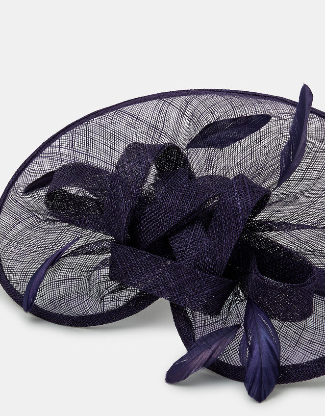 Woven Bow Feather Disc Fascinator, Blue (NAVY), large