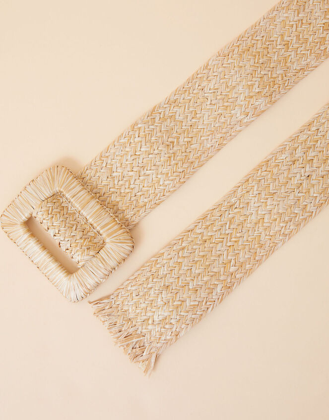 Square Buckle Natural Weave Belt, Cream (CREAM), large