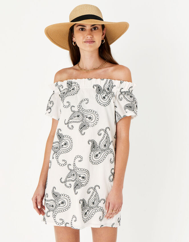 Embroidered Bardot Dress, Black (BLACK WHITE), large