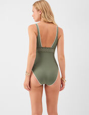 Embroidered Elastic Plunge Shaping Swimsuit, Green (KHAKI), large