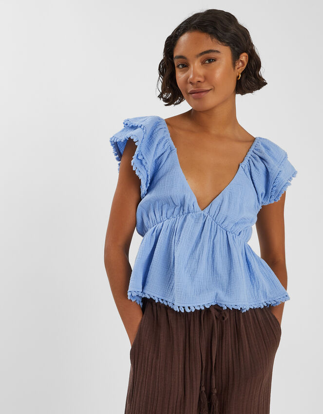 Sleeveless Frilly Tassel Top, Blue (BLUE), large