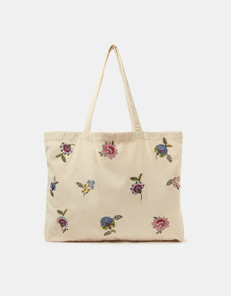 Floral Embroidered Corduroy Shopper Bag, Cream (CREAM), large
