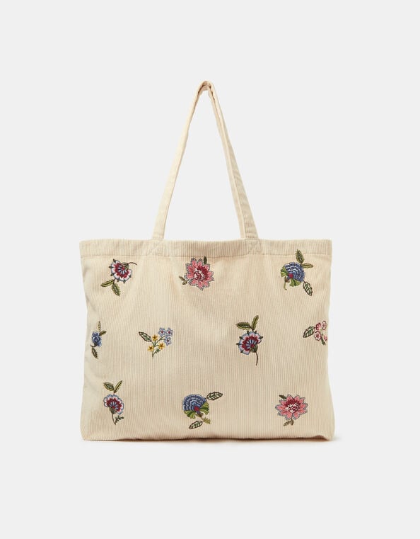 Floral Embroidered Corduroy Shopper Bag, Cream (CREAM), large