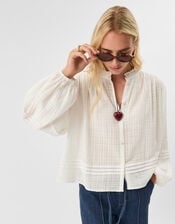 Frilly Woven Cotton Blouse, White (WHITE), large