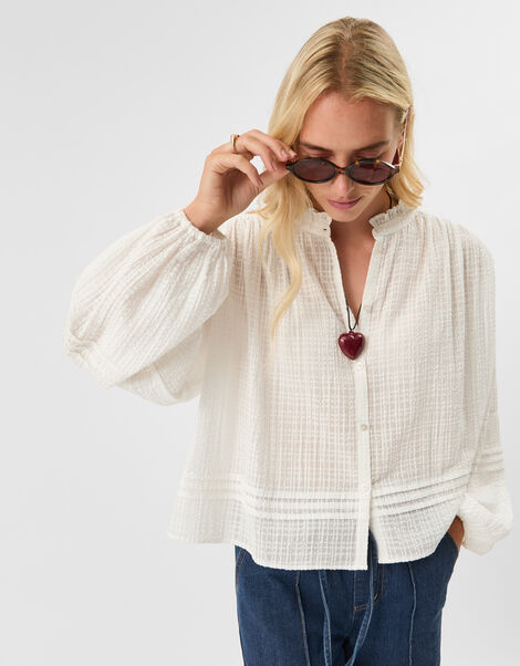 Frilly Woven Cotton Blouse, White (WHITE), large