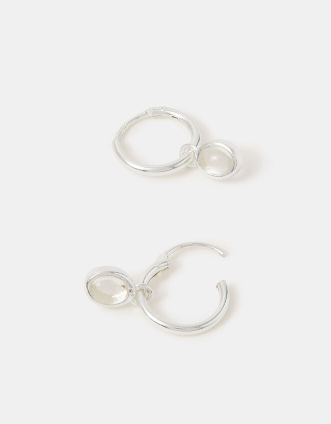 Sterling Silver Healing Stone Hoop Earrings, Clear (CLEAR), large
