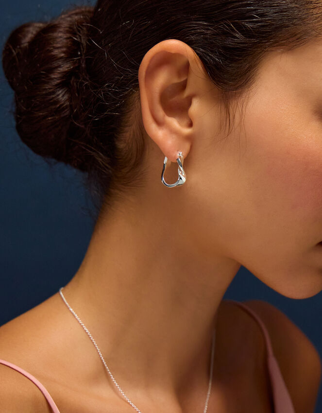 Sterling Silver-Plated Molten Hoop Earrings, , large
