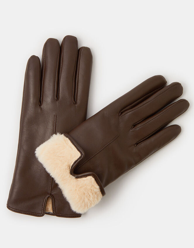 Faux Fur Lined Leather Gloves, Brown (CHOCOLATE), large