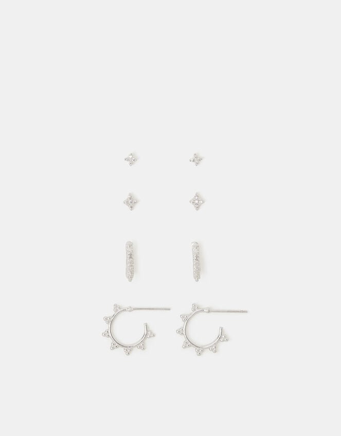 4-Pack Sterling Silver-Plated Filigree Stud & Hoop Earrings, , large